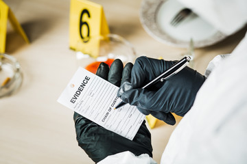 Forensic expert records data in the form of evidence. The concept of the crime.