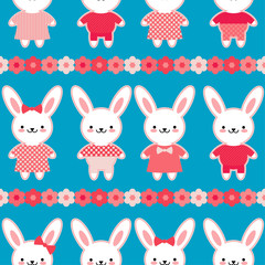 Seamless pattern. Hares in pink clothes on a blue background with flowers. Kawaii. Pink seam. Vector illustration. Can be used for wallpaper, textile, invitation card, wrapping, web page background.