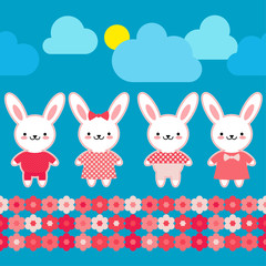 Seamless pattern. Hares in pink clothes on a blue background with flowers. Kawaii. Pink seam. Vector illustration. Can be used for wallpaper, textile, invitation card, wrapping, web page background.