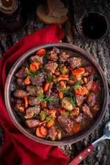 Irish beef, traditional roast, top view, selective focus