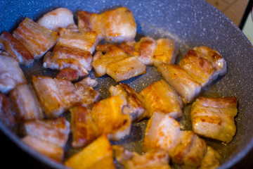 fried lard, meat in a pan , food
