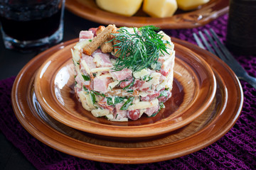 Served one-portion salad of beans, ham, crackers on a clay plate, horizontal