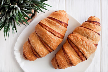 Two croissants on a white background, a wooden table close up. View from above.