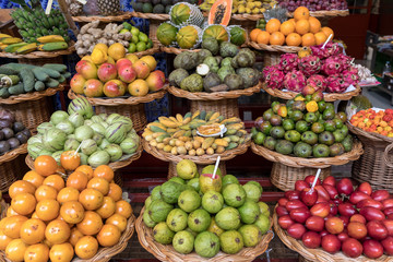 Fresh exotic fruits in Mercado Dos Lavradores. Funchal, Madeira, Portugal