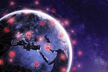 Global cyber attack around the world with planet Earth viewed from space and internet network...