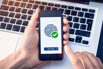 Secure access granted by valid fingerprint scan, cyber security on internet with biometrics...