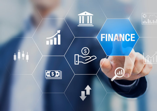 Finance investment and assets management concept with businessman touching icons of stock exchange market, bank, analysis, ROI, money and fintech