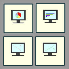 Set of icons with computer monitors with analytical graphs charts for report, business reporting