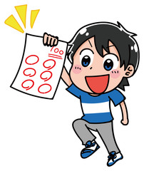 100点満点のテストを持った男の子のイラスト（夏）