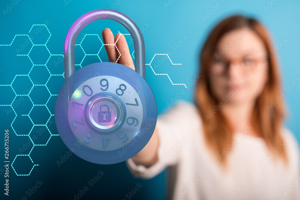 Poster secure lock - padlock holding in hand access concept 3d