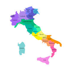 Vector isolated illustration of simplified administrative map of Italy. Borders and names of the regions. Multi colored silhouettes