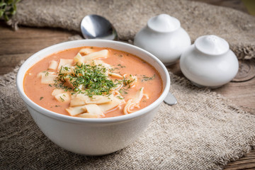 Fresh tomato soup with rice.