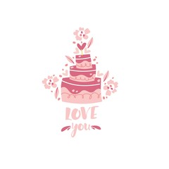 Vector illustration of a wedding cake and the inscription "Love you". Cute print.