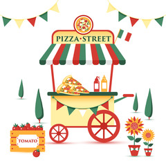 Pizza cart icon in cartoon style isolated on white background. Pizza and pizzeria symbol in vector illustration.