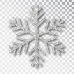 Silver snowflake isolated on a transparent background. Christmas decoration, covered bright glitter. Silver glitter texture snowflake isolated. Xmas ornament silver snow with bright sparkle