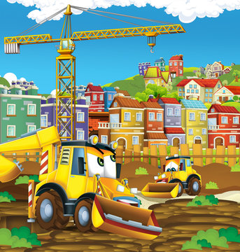 cartoon scene with diggers excavators on construction site father and son - illustration for the children