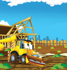 Obraz na płótnie Canvas cartoon scene with digger excavator or loader on construction site - illustration for the children