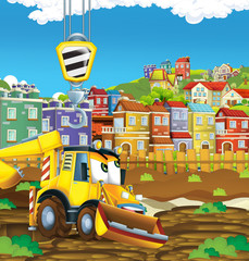 cartoon scene with digger excavator or loader on construction site - illustration for the children