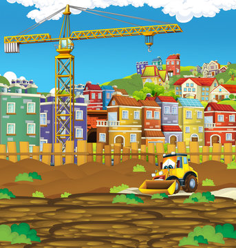 cartoon scene with digger excavator or loader on construction site - illustration for the children © honeyflavour