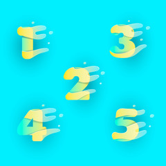 Paper cut number zero, one, two, three, four, figure 1, 2, 3, 4, 5. Numbers and liquid forms, water liquid. Summer theme numbers. Vector Illustration