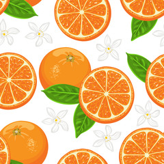 Seamless pattern with oranges, green leaves and flowers on white background. Vector illustration of citrus fruits, whole and slices in cartoon flat style.