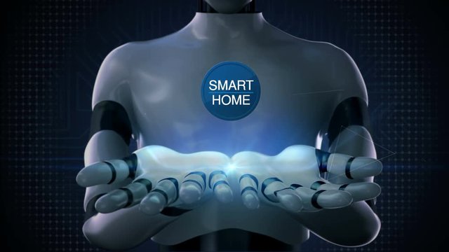 Robot, cyborg opens two palms, smart home connected various internet of things home appliances icon. 4K animation.2.