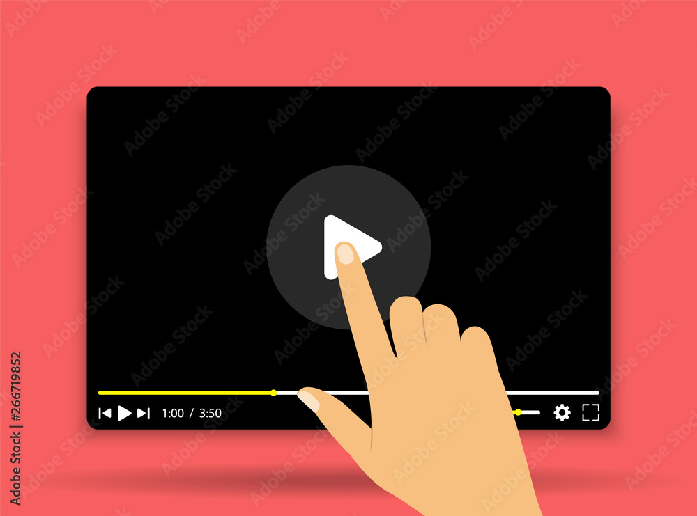 Poster video tutorials. video player. hand clicks on the start button.