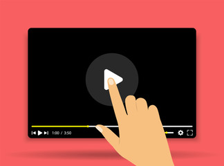 Video tutorials. Video player. Hand clicks on the start button. - obrazy, fototapety, plakaty