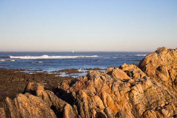 Rocky ocean coast with white sailing ship on horizon in the morning. Beautiful morning seascape. Stones and rocks on beach while outflow. Atlantic ocean landscape. Travel and tourism concept.