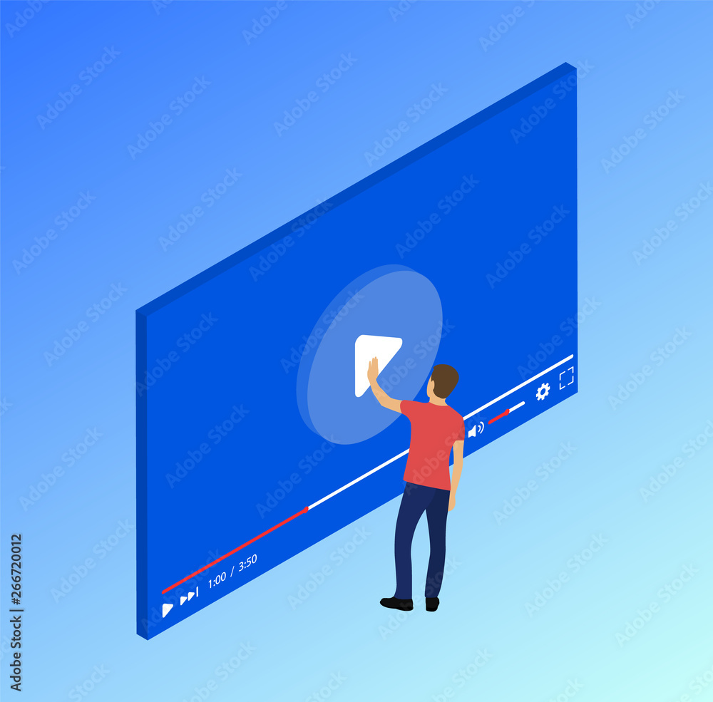 Fototapete video tutorials. video content. the character presses the hand on the playlist. isometric.