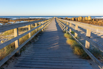 Obraz premium Wooden path with fence to the beach. Walkway on seashore in the morning. Travel and walk concept. Camino de Santiago landscape. Atlantic Ocean coast in Portugal. Wooden pier in perspective. 