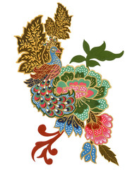 The beautiful of flower peacock bird art Malaysian and Indonesian Batik Sarong bouquet Composition watercolor Gouache Hand Painted on white Background
