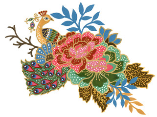 The beautiful of flower peacock bird art Malaysian and Indonesian Batik Sarong bouquet Composition watercolor Gouache Hand Painted on white background