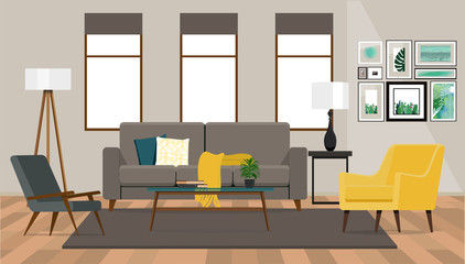 Interior design  of the living room with a sofa and two armchairs on the background of a wall with windows. 