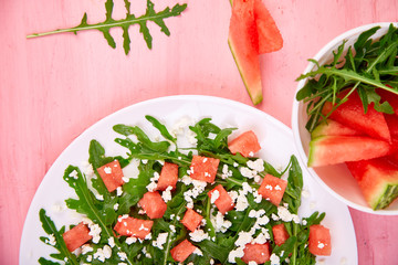Fresh summer watermelon salad with feta cheese and arugula