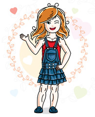 Little redhead cute child in wearing different casual clothes and standing on colorful backdrop with hearts. Vector illustration of nice girl.