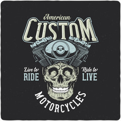 Biker skull. Vintage label, illustration, logotype. Vector illustration. T-shirt or poster design.