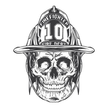 Firefighter's skull. Vintage label, illustration, logotype. Vector illustration. Isolated on white background.