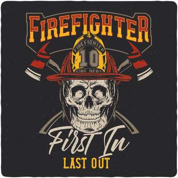 Firefighter skull. Vintage label, illustration, logotype. Vector illustration. T-shirt or poster design.
