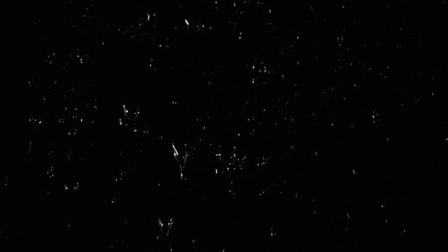 Close-up view of water drops flowing down the glass on the black background. Stock footage. Horizontal view