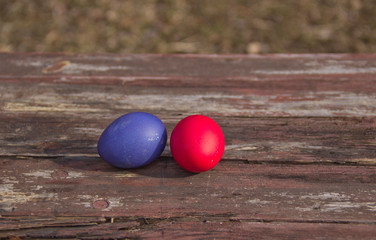 painted eggs on a wooden table in Sunny color