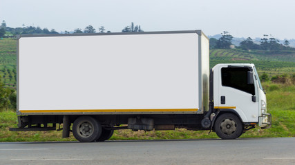 Fototapeta na wymiar white truck on the road with green fields