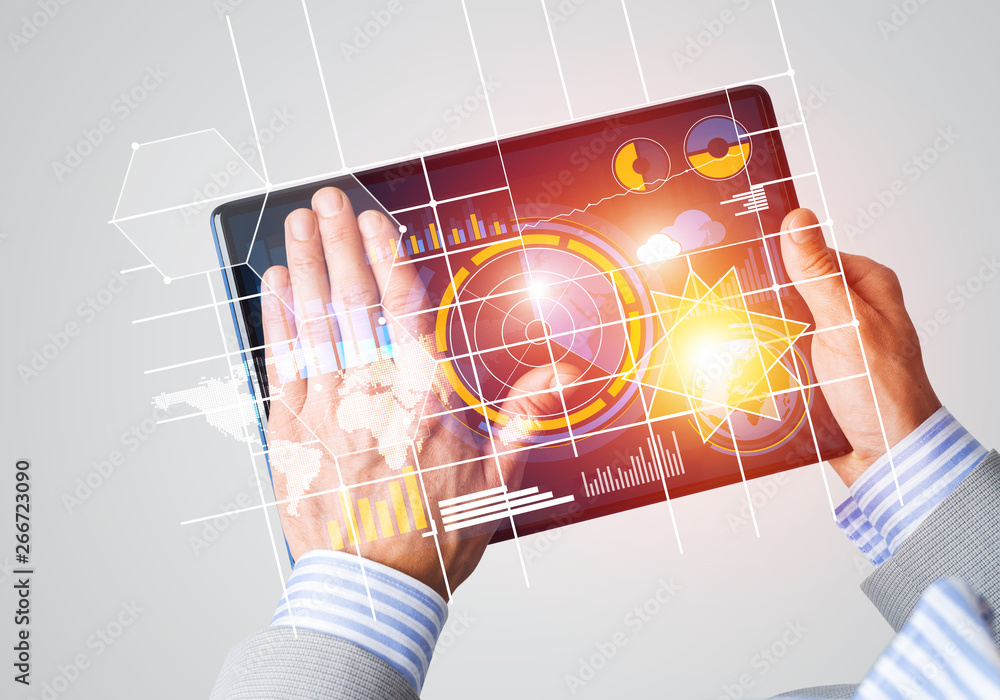 Poster interface of mobile application with charts and financial data
