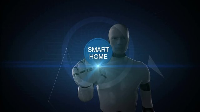 Robot, cyborg touching smart home, icon connected various internet of things home appliances icon. 4K animation.1.
