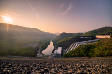 Srinakarin dam with hydro power plant on tropical deepforest in national park