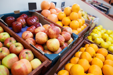 Shelf in the vegetable store with different kinds of fruit