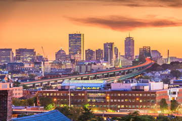 Boston, Massachusetts, USA skyline with bridges and highways
