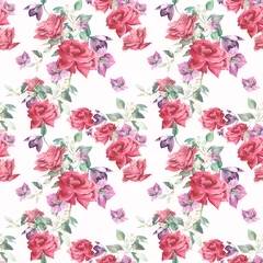 Deurstickers Watercolor romantic seamless pattern with roses flowers and eucalyptus leaves. Hand painted repeating background with floral elements on white. Garden style texture © ldinka
