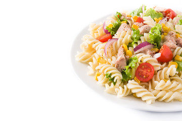 Pasta salad with vegetables isolated on white background