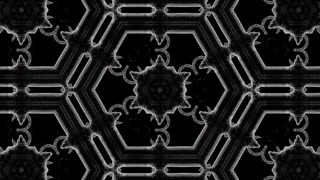 Monk mummy sits and holds box.  Horror genre animation with kaleidoscope effect. Black and white color. 